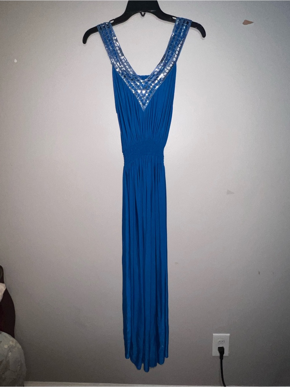 Blue Maxi Dress with Sequin V-Neck
